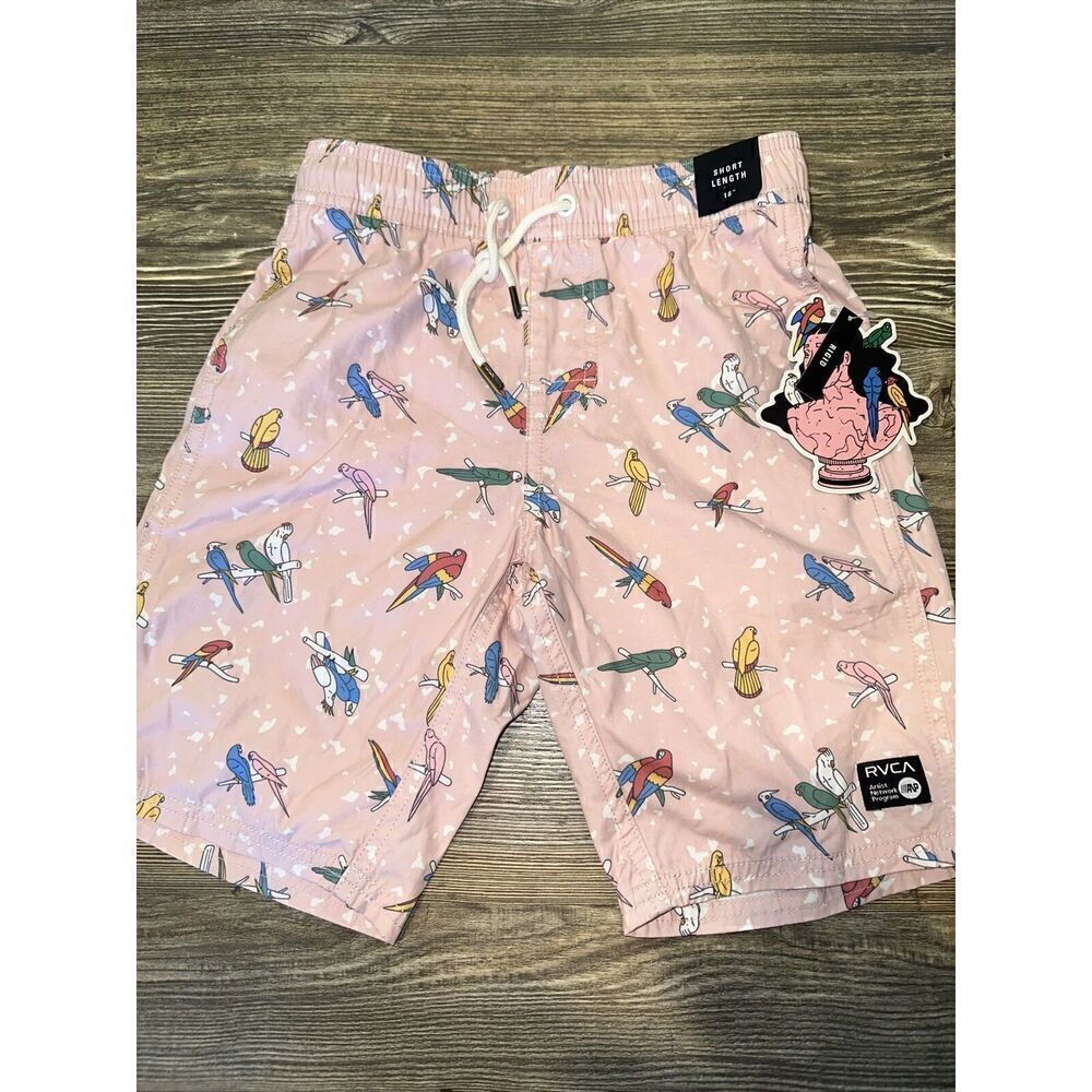 RVCA Mens XS Elastic Print Shorts Pink Parakeet Drawstring Waist. NWT. Q